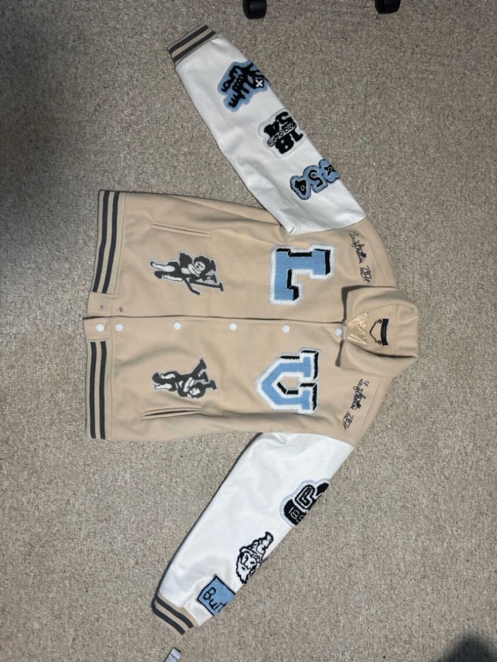 Louis Vuitton Beige and White Varsity Jacket with Blue Patches